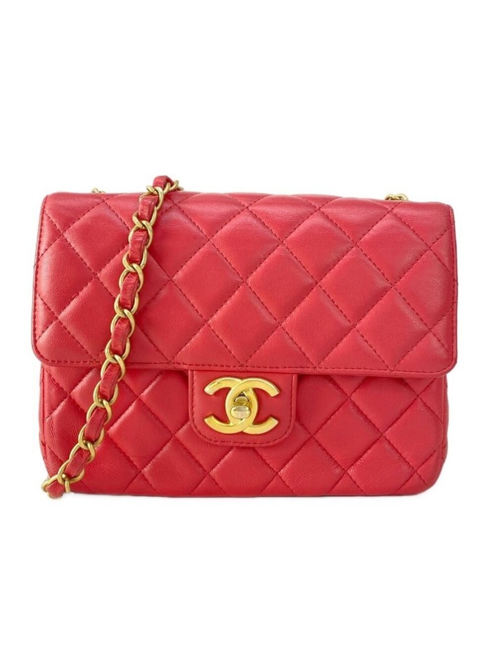 Chanel Shoulder Bag Mini Quilted Red Chain Gold Metal